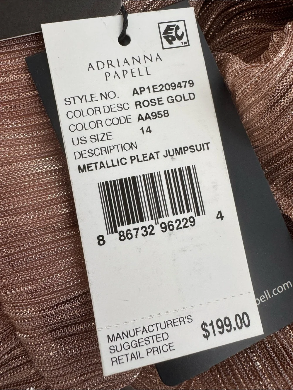 Adrianna Papell Metallic Pleat jumpsuit on rose gold size 14